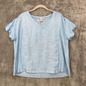 Chico's Women's Size 1 (US M) 100% Linen Blue Short Sleeve  V-neck T-Shirt Top
